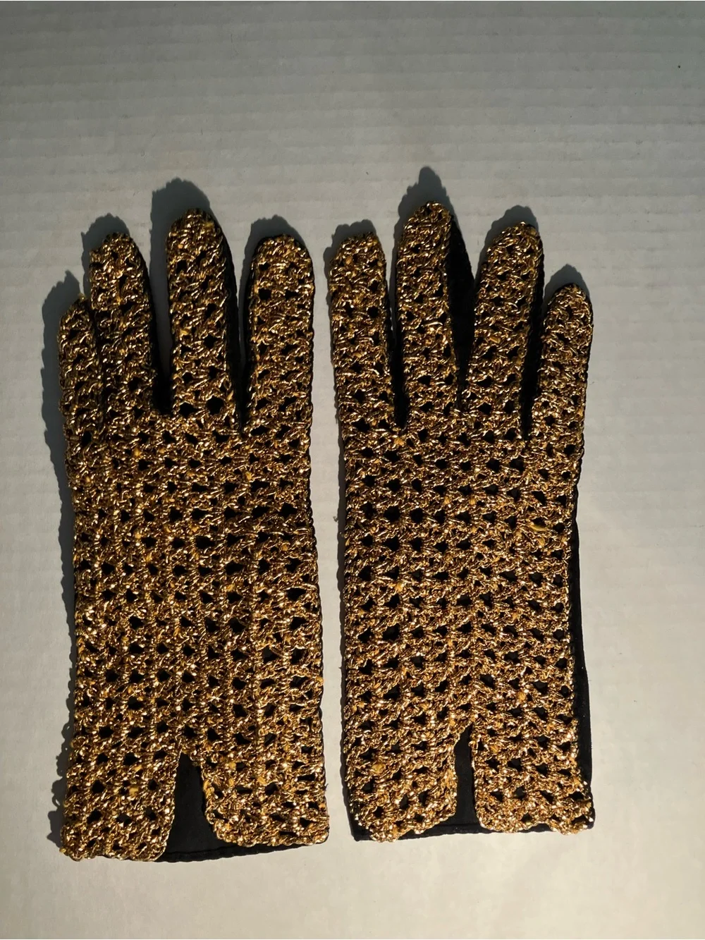 Gold Metallic Crochet Knit and Suede Gloves
